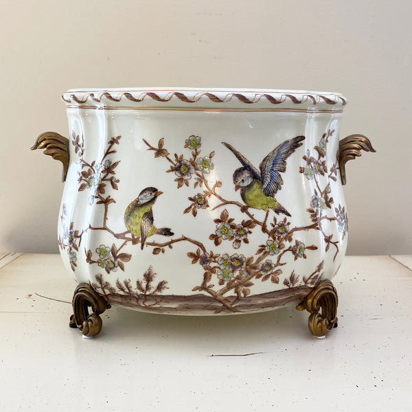 Porcelain Oval Bird Planter with Ormolu Bronze