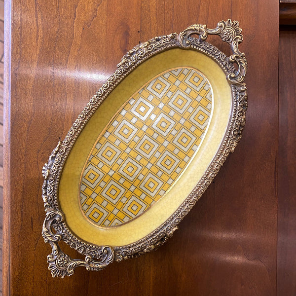 Yellow Porcelain Oval Dish with Bronze