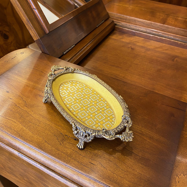 Yellow Porcelain Oval Dish with Bronze