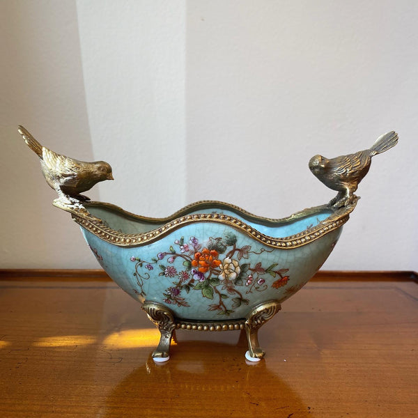 Porcelain & Bronze Ormolu Teal Flower Dish