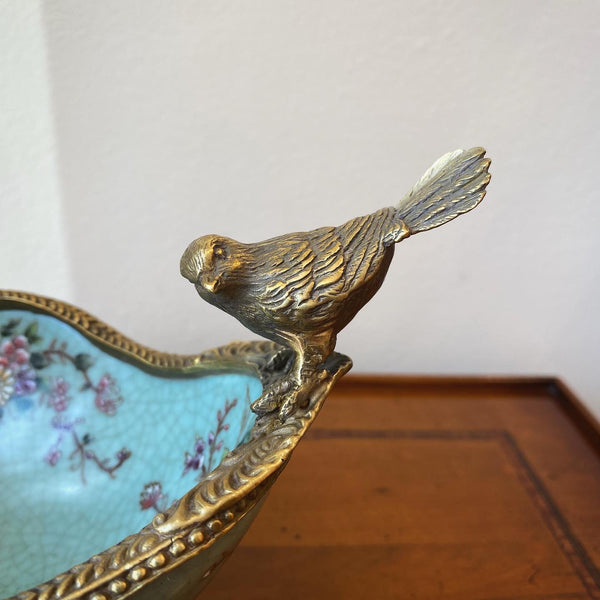 Porcelain & Bronze Ormolu Teal Flower Dish