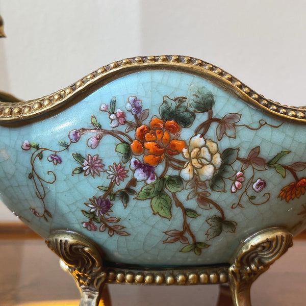 Porcelain & Bronze Ormolu Teal Flower Dish