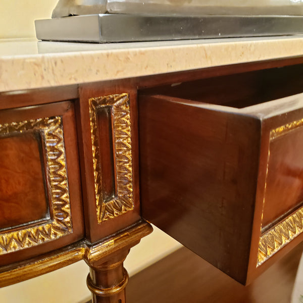 Louis XVI Console Mahogany with Light Marble Top - Three Drawer