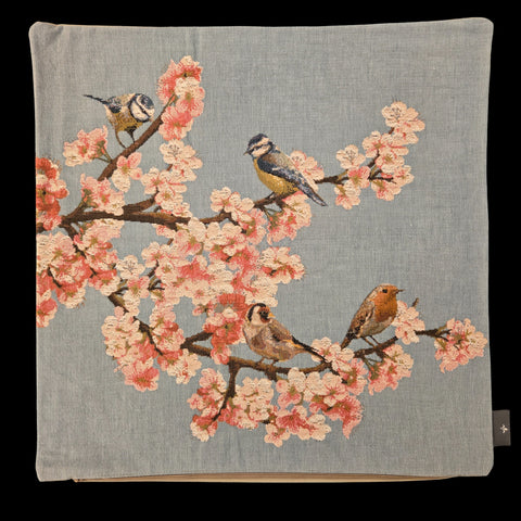 French Pillow- Blue Cherry Bloom with Bird