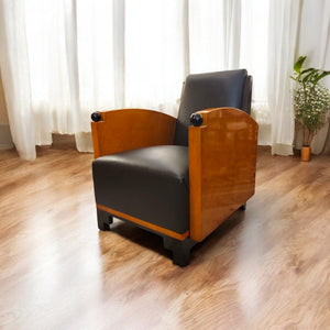 Esme Club Arm Chair - Burl with Black Leather