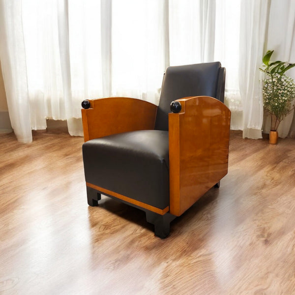 Esme Club Arm Chair - Burl with Black Leather