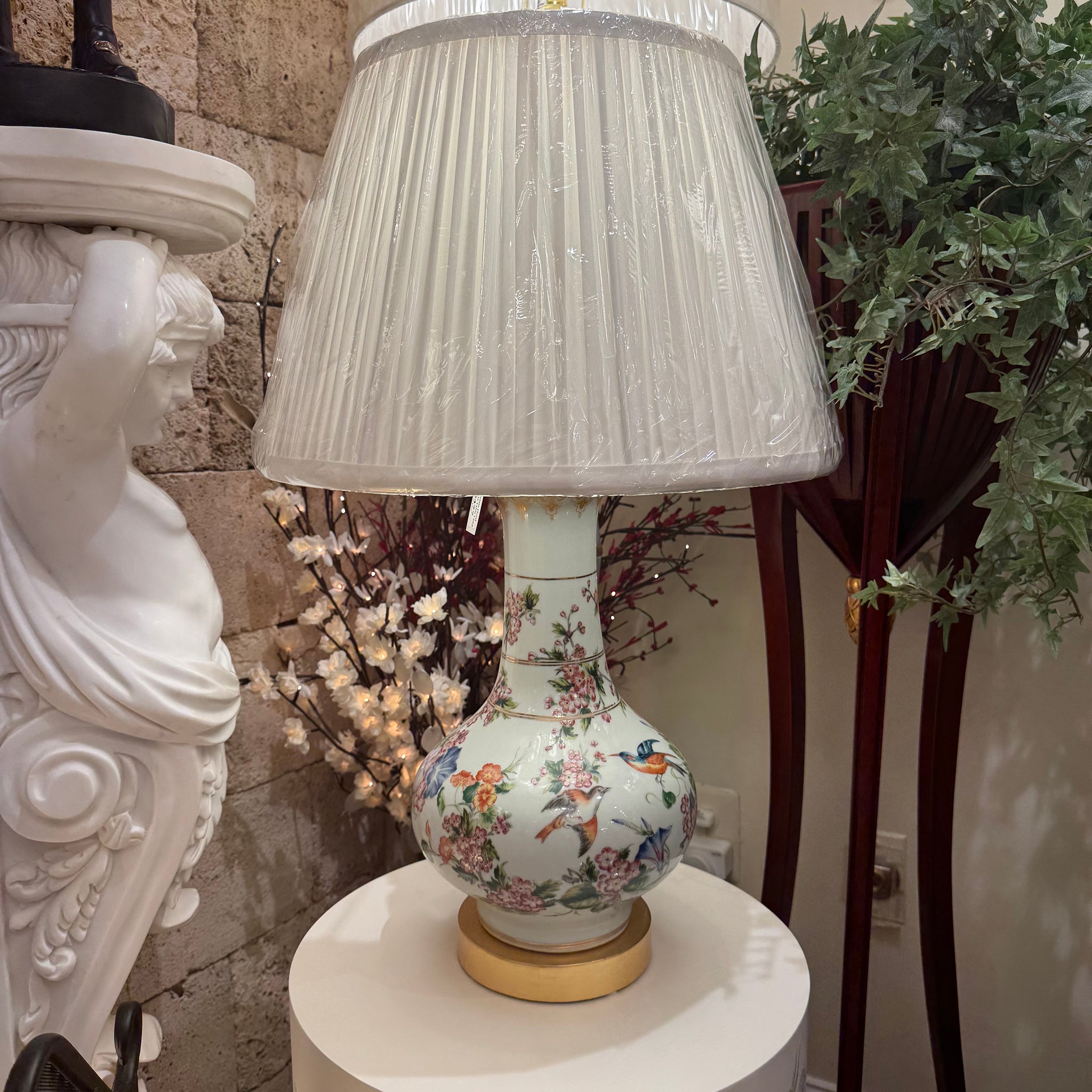 Floral and Bird Vase Table Lamp with Gold Base