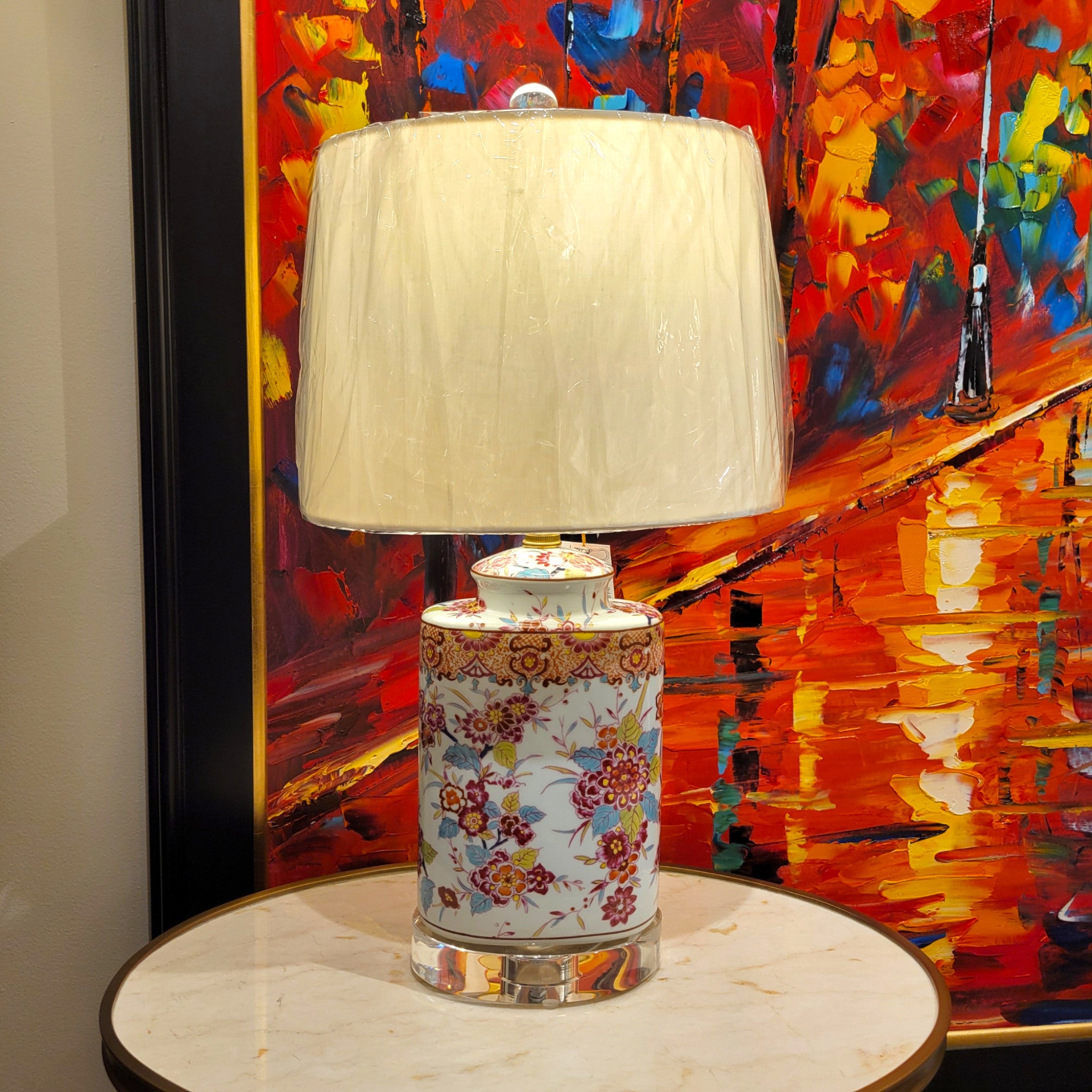 Oval Porcelain Table Lamp - Floral with Crystal Base