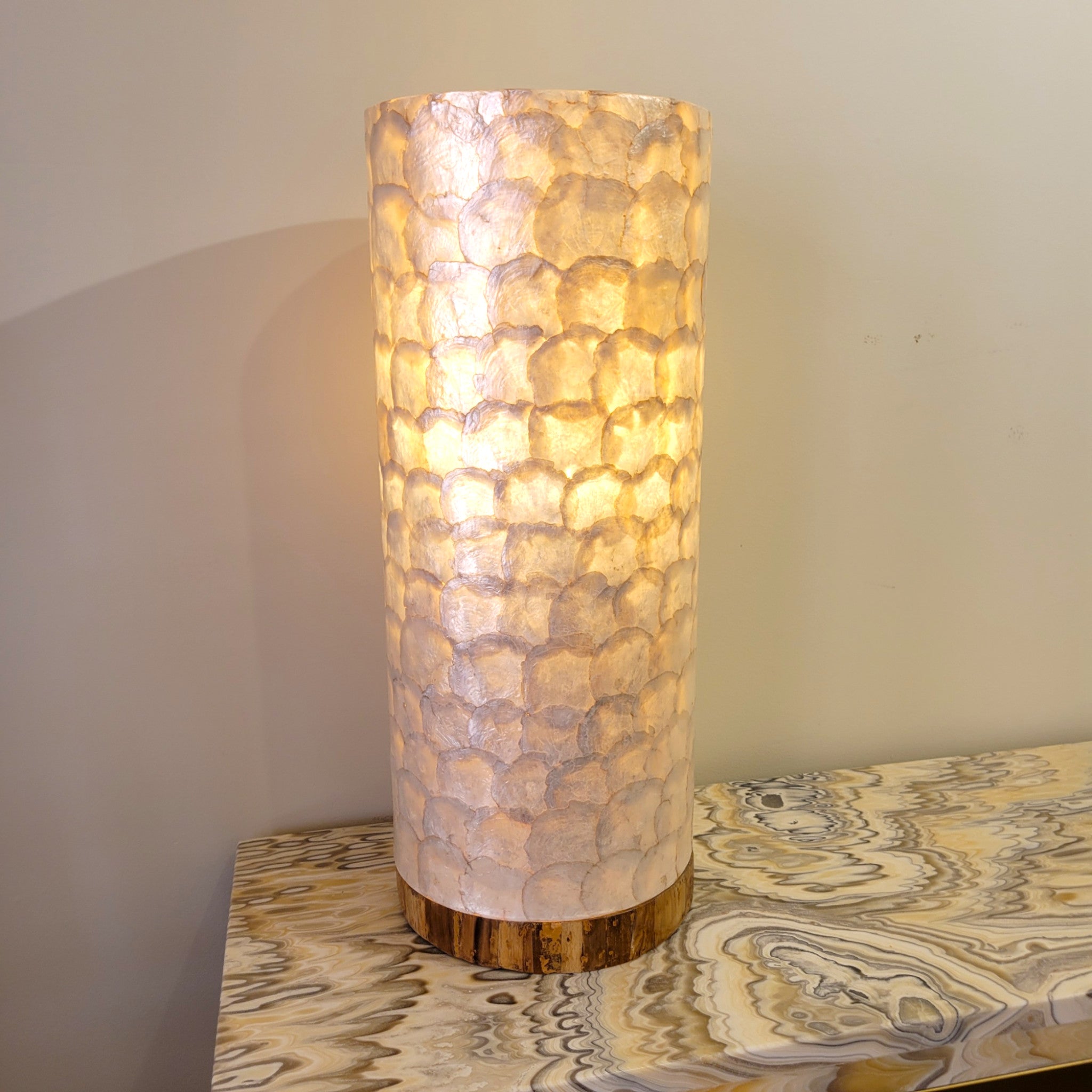 Round Column Table Lamp - Shell with Wood Base