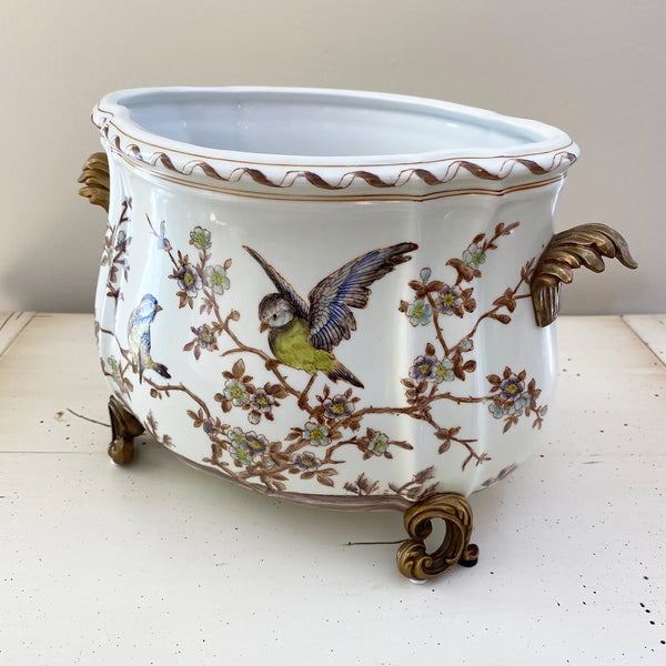 Porcelain Oval Bird Planter with Ormolu Bronze