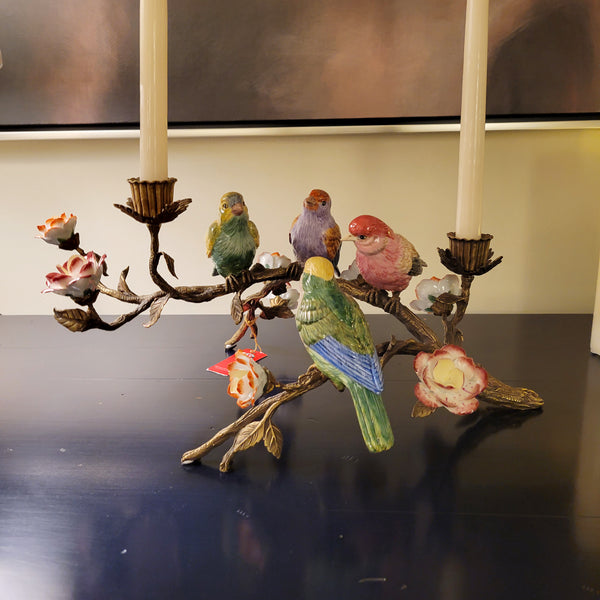 Porcelain Bird Candleholder - Hand Painted with Bronze Ormolu
