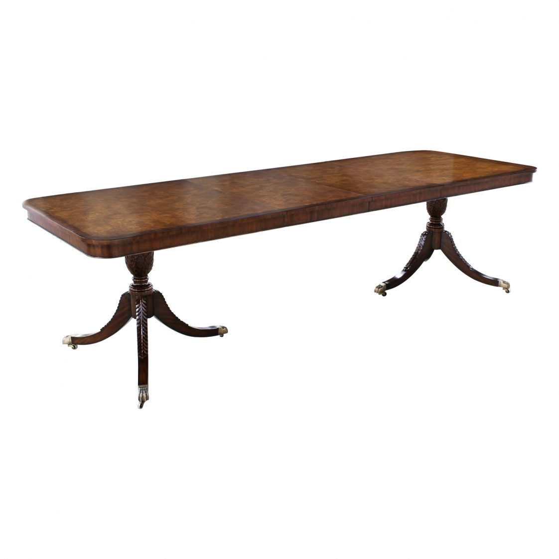 Two Pedestal Mahogany and Walnut Burl Dining Table