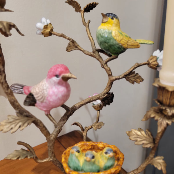 Porcelain Bird Candleholder witrh Nest - Hand Painted with Bronze Ormolu