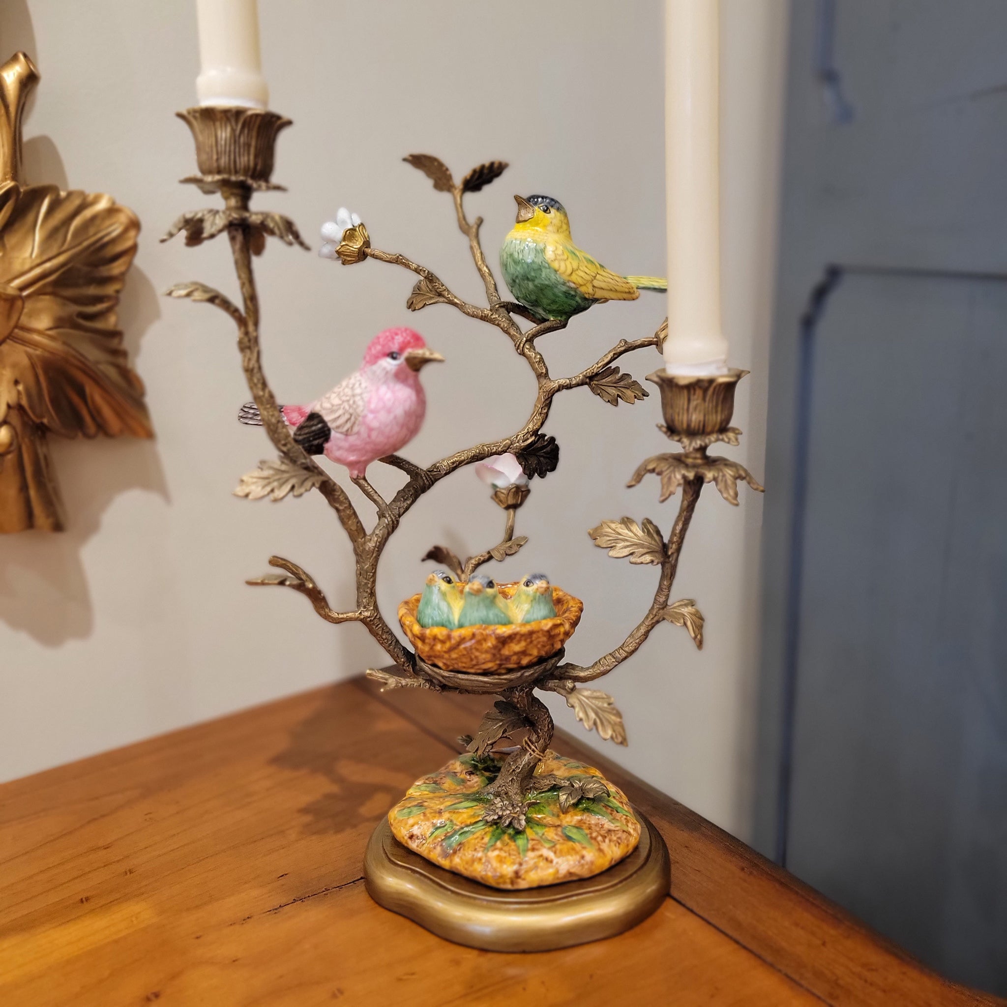 Porcelain Bird Candleholder witrh Nest - Hand Painted with Bronze Ormolu