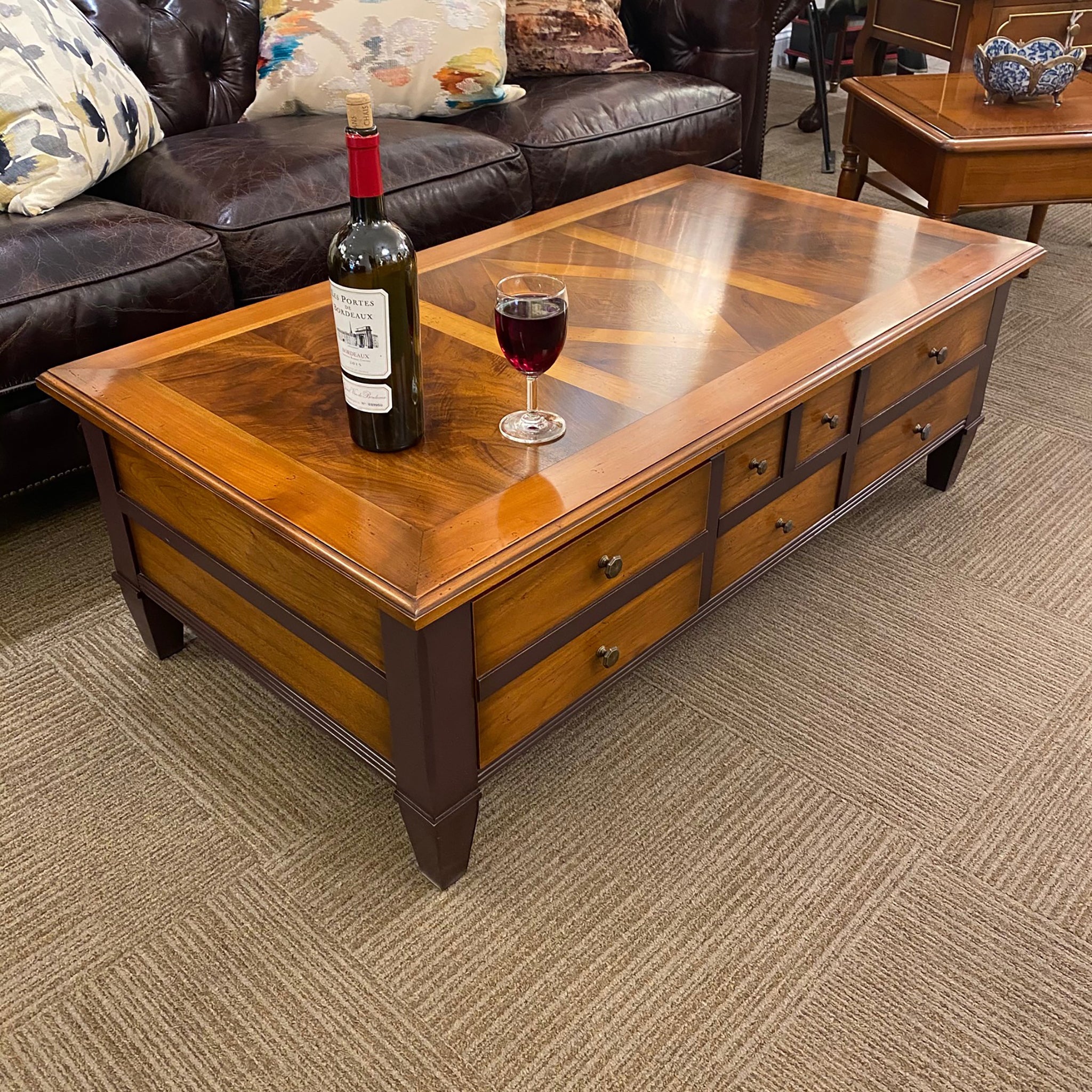 Directoire Coffee Table Six Drawer Cherry and Walnut