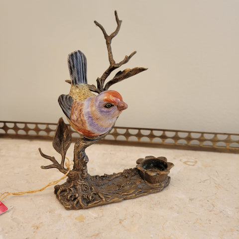 Porcelain Bird on Branch with Candle Holder - Hand Painted