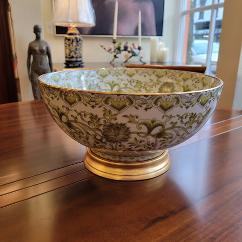 Porcelain Bowl with Stand - Green and 24kt Gold